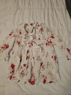 Anthropologie White Floral Ruffled Button-Front Dress with Pink & Red Blooms
